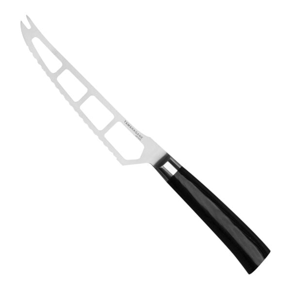 Tamahagane SAN Black VG-5 Nóż do sera 16 cm Tamahagane SAN Black VG-5 Nóż do sera 16 cm
Specjalistyczny nóż, który służy do krojenia różnych rodzajów i gatunków sera – zarówno twardych, jak i miękkich. Charakterystyczne otwory w klindze zmniejszają tarcie, dzięki czemu plastry łatwo odchodzą od noża, a ser się nie kruszy. Ząbkowane ostrze świetnie sobie radzi z naturalną skórką, która bywa niezwykle twarda i chropowata. Rozwidlony czubek służy do podawania kawałków sera bezpośrednio z deski.
Dane techniczne:
Ostrze - rdzeń VG-5 okuty stalą nierdzewną SUS410Rękojeść - czarna micartaTwardość - 61 HRC +/- 1Długość całkowita - 25,5 cmDługość ostrza - 16,0 cmSzerokość klingi - 3,0 cmGrubość klingi - 1,5 mmSposób ostrzenia - ostrze ząbkowaneWaga - ok. 82 g