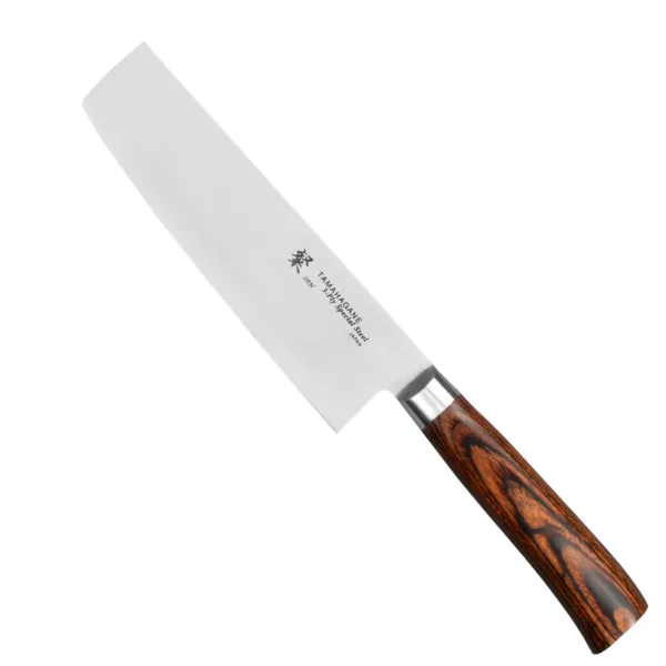 Tamahagane SAN Brown VG-5 Nóż Nakiri 18cm Tamahagane SAN Brown VG-5 Nóż Nakiri 18 cm
Funkcjonalny nóż kuchenny, przeznaczony do krojenia i siekania różnych rodzajów warzyw. Szerokość japońskiego noża Nakiri pozwala kroić duże produkty płynnym ruchem i szybko je przenosić do salaterki lub na patelnię. Cienka, prostokątna klinga jest szczególnie przydatna przy krojeniu twardych warzyw, jak marchewka czy rzodkiew japońska, w długie plastry.
Dane techniczne:
Ostrze - rdzeń VG-5 okuty stalą nierdzewną SUS410Rękojeść - brązowa pakka woodTwardość - 61 HRC +/- 1Długość całkowita - 31,2 cmDługość ostrza - 18,0 cmSzerokość klingi - 4,8 cmGrubość klingi - 1,8 mmSposób ostrzenia - szlif dwustronny symetrycznyWaga - ok. 183 g