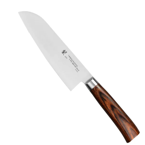 Tamahagane SAN Brown VG-5 Nóż Santoku 17,5cm Tamahagane SAN Brown VG-5 Nóż Santoku 17,5 cm
Japoński nóż o wszechstronnym zastosowaniu, przeznaczony głównie do mięsa, warzyw i ryb. Ponieważ posiada cienkie ostrze,znakomicie się też sprawdzi przy krojeniu chleba, plastrowaniu owoców czy siekaniu ziół. Duża klinga ułatwia przenoszenie pokrojonych produktów do salaterki lub na patelnię.
Dane techniczne:
Ostrze - rdzeń VG-5 okuty stalą nierdzewną SUS410Rękojeść - brązowa pakka woodTwardość - 61 HRC +/- 1Długość całkowita - 30,7 cmDługość ostrza - 17,5 cmSzerokość klingi - 4,9 cmGrubość klingi - 1,9 mmSposób ostrzenia - szlif dwustronny symetrycznyWaga - ok. 175 g