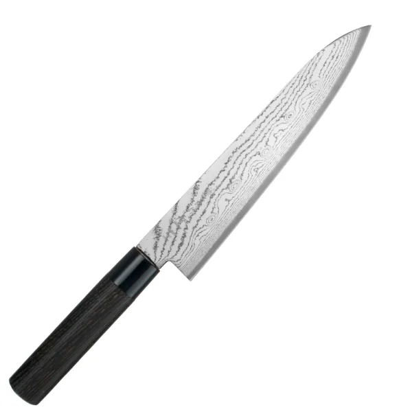 Tojiro Shippu Black VG-10 Nóż szefa kuchni 21cm Nóż kuchenny szefa kuchni 21 cm Tojiro Shippu Black 
Najbardziej wszechstronny nóż kuchenny, przeznaczony do cięcia, krojenia, szatkowania i plastrowania rozmaitych produktów. Jest wystarczająco długi, aby można było nim kroić nawet naprawdę duże płaszczyzny, i odpowiednio wyprofilowany, aby swobodnie przesuwać klingę w obydwu kierunkach. Lekka rękojeść w kształcie litery D pozwala trzymać nóż na wiele różnych sposobów.
Dane techniczne:
Ostrze - stal 63 warstwowa rdzeń VG-10 Twardość - 60 HRC +/- 1Długość całkowita - 34,8 cmDługość ostrza - 21 cmSzerokość klingi - 4,5 cmGrubość klingi - ok. 2,4 mmWaga - ok. 120 g