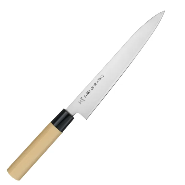 Tojiro Zen VG-10 Nóż do porcjowania 21 cm Nóż kuchenny do porcjowania 21 cm Tojiro Zen Dąb 
Nóż kuchenny przeznaczony do porcjowania i plastrowania mięs, np. drobiu, pieczeni czy szynki – po ugotowaniu lub upieczeniu produktu. Specjalne ostrze, które jest znacznie węższe i cieńsze niż w zwykłych nożach, pozwala ciąć przez całą płaszczyznę płynnie i precyzyjnie, podczas gdy grubszy nóż często się klinuje i szarpie mięso.
Dane techniczne:
Ostrze - laminat 3 warstwowy - rdzeń z VG-10 Twardość - 60 HRC  +/-1 Długość całkowita - 35,2 cmDługość ostrza - 21 cmSzerokość klingi - 3,6 cmGrubość klingi - ok. 2,5 mmWaga - ok. 100 g