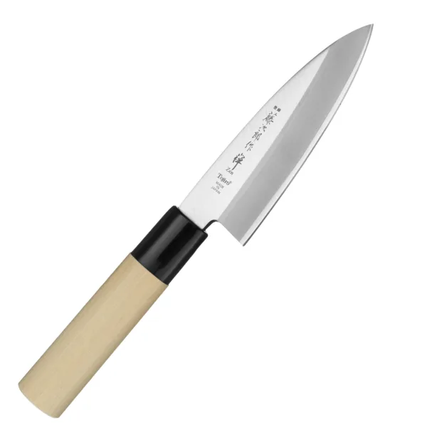 Tojiro Zen VG-10 Nóż mini-light Deba 11,5 cm Tojiro Zen VG-10 Nóż mini-light Deba 11,5 cm
Deba to tradycyjny nóż japoński pełniący równocześnie funkcję noża do filetowania ryb lub drobiu, noża do porcjowania mięsa i wszechstronnego, lekkiego tasaka. Ostrzony jednostronnie, jest wystarczająco finezyjny, aby kroić produkty na cienkie plastry, i wystarczająco mocny, aby przecinać nieduże ości. Stosunkowo krótkie ostrze umożliwia pełną kontrolę nad narzędziem. Klasyczna rękojeść w stylu japońskim jest bardzo lekka i świetnie dopasowana do kształtu dłoni
Dane techniczne:
Ostrze - laminat 3 warstwowy - rdzeń z VG-10 Twardośc - 60 HRC +/- 1Długość całkowita - 22,2 cmDługość ostrza - 11,5 cmSzerokość klingi - 3,6 cmGrubość klingi - ok. 3 mmWaga - ok. 70 g