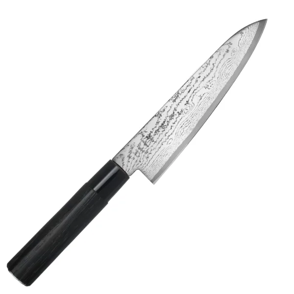 Tojiro Shippu Black VG-10 Nóż szefa kuchni 18cm Nóż kuchenny szefa kuchni 18cm Tojiro Shippu Black 
Najbardziej wszechstronny nóż kuchenny, przeznaczony do cięcia, krojenia, szatkowania i plastrowania rozmaitych produktów. Jest wystarczająco długi, aby można było nim kroić nawet naprawdę duże płaszczyzny, i odpowiednio wyprofilowany, aby swobodnie przesuwać klingę w obydwu kierunkach. Lekka rękojeść w kształcie litery D pozwala trzymać nóż na wiele różnych sposobów.
Dane techniczne:
Ostrze - stal 63 warstwowa rdzeń VG-10 Twardość - 60 HRC +/- 1Długość całkowita - 32 cmDługość ostrza - 18 cmSzerokość klingi - 4,5 cmGrubość klingi - ok. 2,4 mmWaga - ok. 105 g