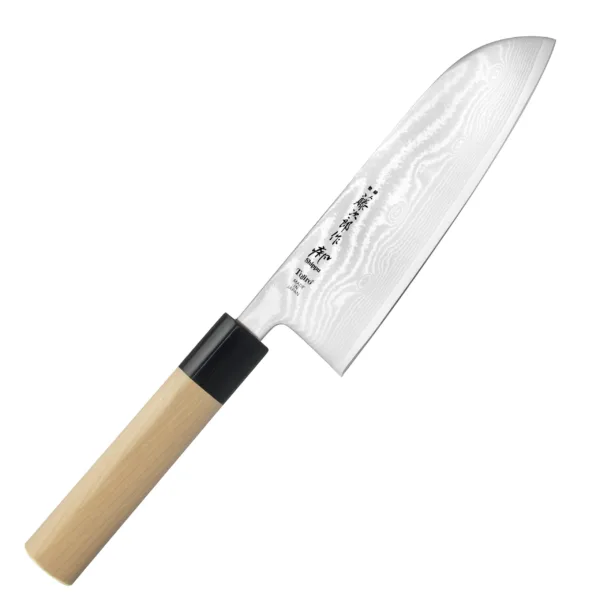 Tojiro Shippu VG-10 Nóż Santoku 16,5cm Nóż kuchenny Santoku 16,5 cm Tojiro Shippu
Wielofunkcyjny japoński nóż kuchenny, przeznaczony do krojenia warzyw, mięsa i ryb. Posiada obniżony czubek, który znacznie ułatwia szatkowanie, oraz szerokie ostrze, na które można zgarnąć pokrojone produkty, żeby je przenieść np. do sałatki. Doskonale się sprawdza w każdych warunkach pracy, ponieważ dzięki wysoko położonej rękojeści palce nie dotykają deski ani jedzenia.
Dane techniczne:
Ostrze - stal 63 warstwowa rdzeń VG-10Twardość - 60 HRC +/- 1Długość całkowita - 30,3 cmDługość ostrza - 16,5 cmSzerokość klingi - 5 cmGrubość klingi - ok. 2,4 mmWaga - ok. 110 g