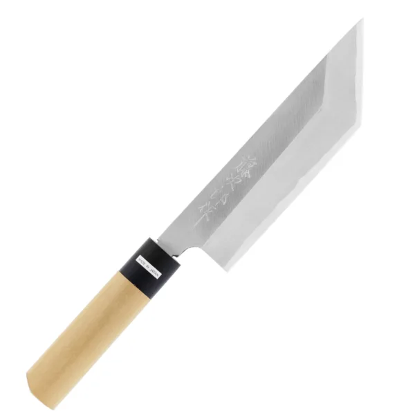 Tojiro Shirogami Nóż Eell Tokyo Style Unagisaki 18 cm Tojiro Shirogami Nóż Eell Tokyo Style 18 cm
Charakterystyczny kształt noża Unagisaki dyktowany jest jego przeznaczeniem – jest to najlepszy nóż do filetowania węgorza. Wyraźnie zaakcentowany czubek pozwala sprawnie rozpłatać brzuch ryby, a jednostronny szlif doskonale sprawdza się przy oddzielaniu podłużnych fragmentów mięsa. Wykonany z węglowej stali Shirogami, której świetne właściwości tnące są znane szerokiemu gronu mistrzów kuchni od lat.
Dane techniczne:
Ostrze - stal 2 warstwowa rdzewna stal, rdzeń - Shirogami #2Rękojeść - drewno magnolia pierścień z tworzywaTwardość - 60 HRC +/- 1Długość całkowita - 29,6 cmDługość ostrza - 18,0 cm (11,8 + 6,2 cm)Szerokość klingi - 4,4 cmGrubość klingi - 6,0 mmSposób ostrzenia - szlif jednostronny praworęcznyWaga - ok. 221 g