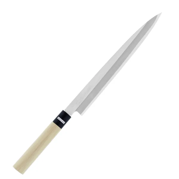 Tojiro Shirogami Nóż Sashimi 27 cm Nóż Sashimi 27 cm Tojiro Shirogami 
Klasyczny japoński nóż kuchenny do plastrowania o długim, wąskim i cienkim ostrzu w kształcie liścia wierzby, przeznaczony do cięcia surowych filetów rybnych na cieniutkie, niemal przezroczyste plastry. Doskonale się sprawdza podczas przygotowywania sashimi, rybnego carpaccio oraz różnych wariantów sushi. Nożem Yanagi najlepiej wykonywać jednostajny ruch w jednym kierunku: do siebie. W tym modelu krawędź grzbietu ma szlif ukośny, co zwiększa wygodę przy prowadzeniu noża palcem wskazującym.
Dane techniczne:
Ostrze - stal 3 warstwowa rdzewna stal, rdzeń - Shirogami #2Twardość - 60 HRC +/- 1Długość całkowita - 40,5 cmDługość ostrza - 27 cmSzerokość klingi - 3,0 cmGrubość klingi - 3,4 mmSposób ostrzenia - szlif jednostronny praworęcznyWaga - ok. 165 g