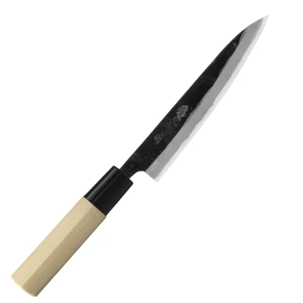Tojiro Shirogami Nóż uniwersalny 15cm Nóż kuchenny uniwersalny 15 cm Tojiro Shirogami 
Japoński nóż typu Petty łączy w sobie funkcję noża uniwersalnego i noża do obierania, dzięki czemu znajduje wiele zastosowań w codziennej pracy. Ponieważ posiada stosunkowo szeroką klingę, świetnie się sprawdza przy wykonywaniu takich zadań, jak krojenie warzyw i serów, siekanie ziół czy usuwanie gniazd z owoców. Ostro zakończony nóż uniwersalny, którym można pracować nad deską, jest idealnym uzupełnieniem pełnowymiarowego noża szefa kuchni.
Dane techniczne:
Ostrze - stal 3 warstwowa rdzewna stal, rdzeń - Shirogami #2Twardość - 60 HRC +/- 1Długość całkowita - 26,5 cmDługość ostrza - 15 cmSzerokość klingi - 3,2 cmGrubość klingi - ok. 3,8 mmWaga - ok. 95 g