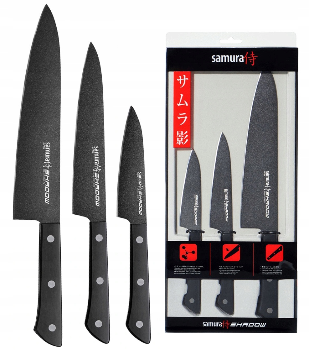 Samura Shadow Zestaw 3 Noży - Nóż Szefa, Utility i Paring 24 3a189b1f4374932513bfbc2215aa Ostrzałki do noży - Noże - SHARPI -