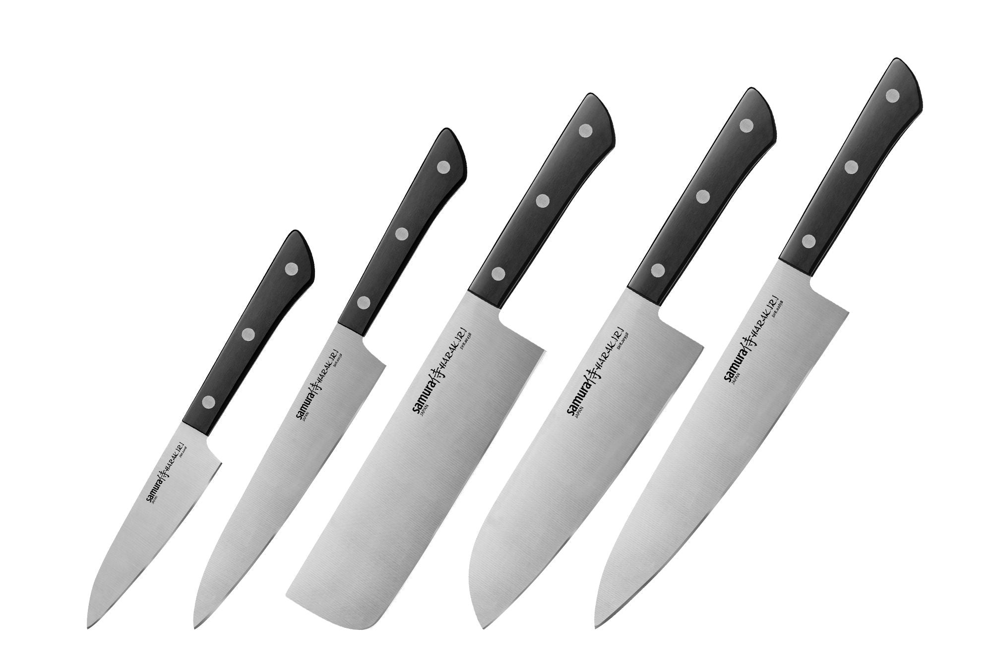 Samura HARAKIRI Set of 5 kitchen knives, white handle: Paring, Utility, Nakiri, Santoku, Chef's knife. 1 Zestaw noży Samura Harakiri to wszechstronna kolekcja kuchenna zaprojektowana z myślą o szerokiej gamie zadań związanych z gotowaniem. Zestaw zawiera pięć noży: nóż do obierania