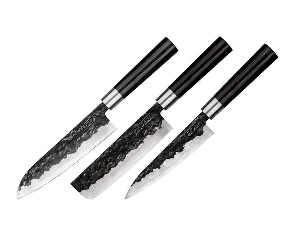 Samura BLACKSMITH Set of 3 kitchen knives: Utility knife, Nakiri knife, Santoku knife 1 Zestaw noży kowalskich Samura to wysokiej jakości kolekcja trzech noży kuchennych