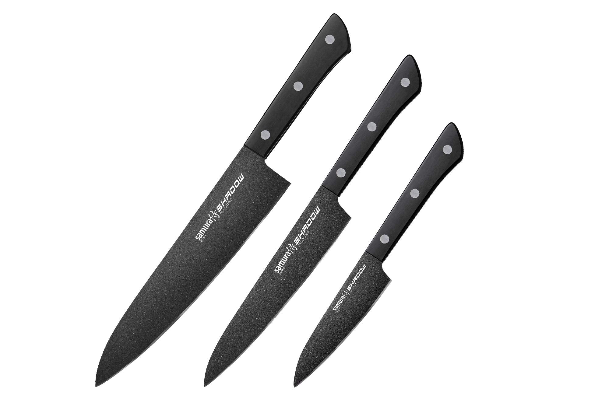 Samura SHADOW Set of 3 kitchen knives: Chef's knife, Utility knife, Paring knife with black non-stick coating 1 Zestaw noży Samura Shadow to wszechstronna