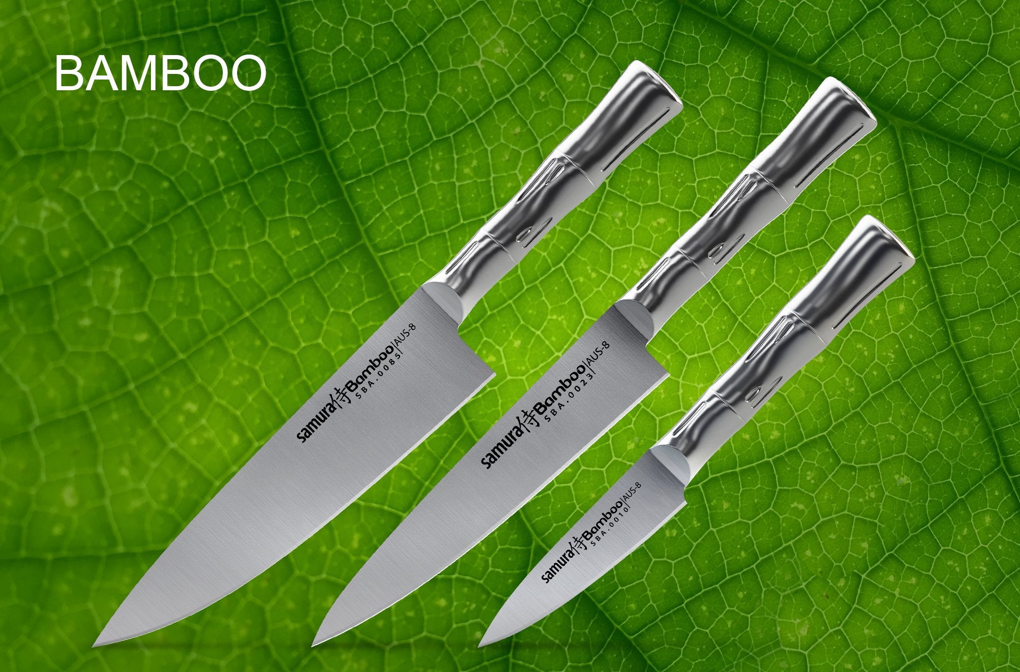 Samura BAMBOO Set of 3 kitchen knives: Paring knife, Utility knife, Chef’s knife 2 prezentowana w eleganckim opakowaniu prezentowym. Jest to doskonały wybór zarówno do użytku osobistego