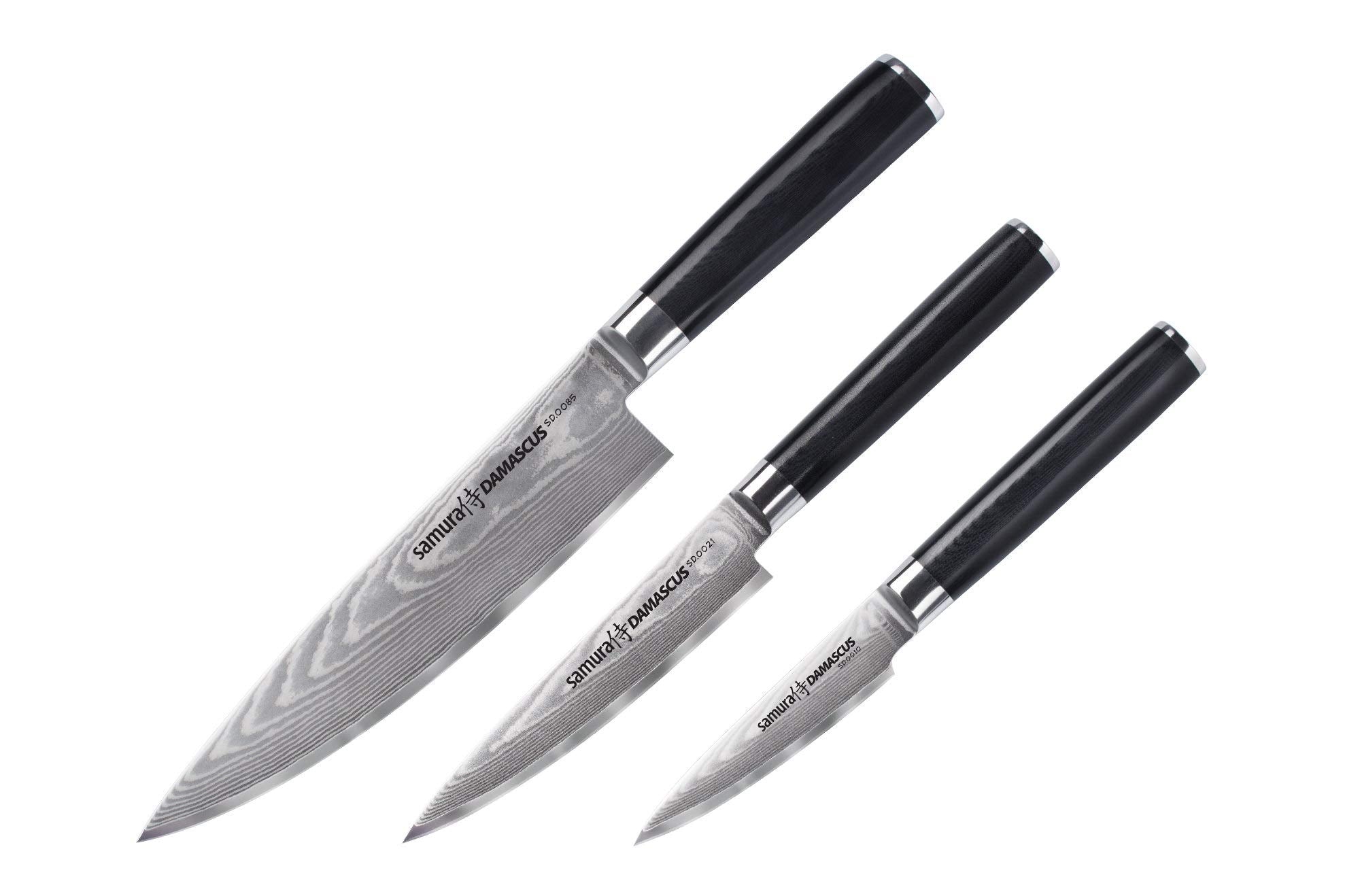 Samura DAMASCUS Set of 3 kitchen knives: Paring knife, Utility knife, Chef's knife 1 Zestaw noży damasceńskich Samura (Chef’s Trio) to wysokiej jakości kolekcja trzech niezbędnych noży kuchennych