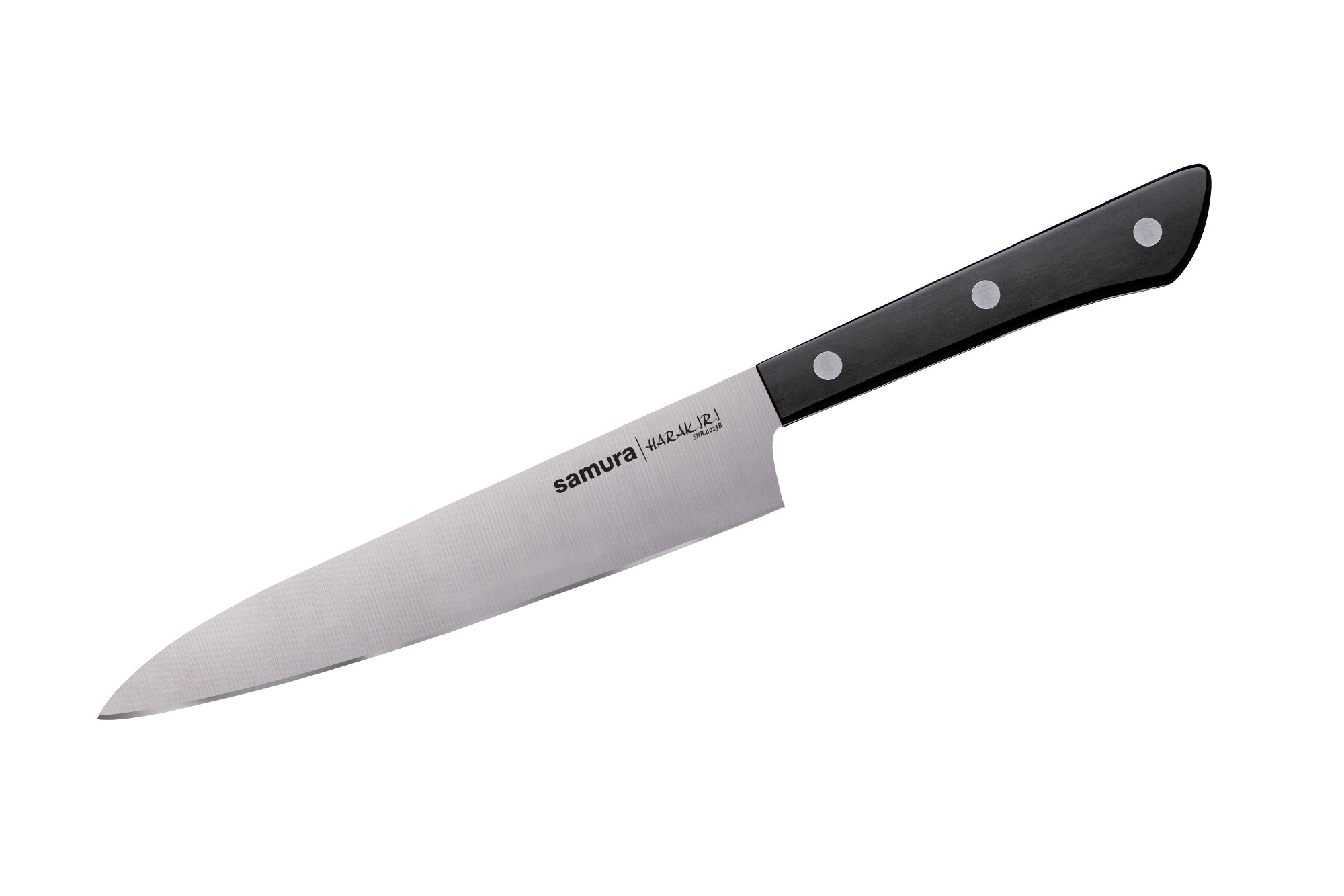 Samura HARAKIRI SUPER Set of 5 kitchen knives, black: Chef's knife, Two-sided saw knife, Slicing knife, Utility knife, Paring knife, magnetic holder, honing rod, kitchen scissors 3 pręt do honowania i magnetyczny rękojeść ścienny