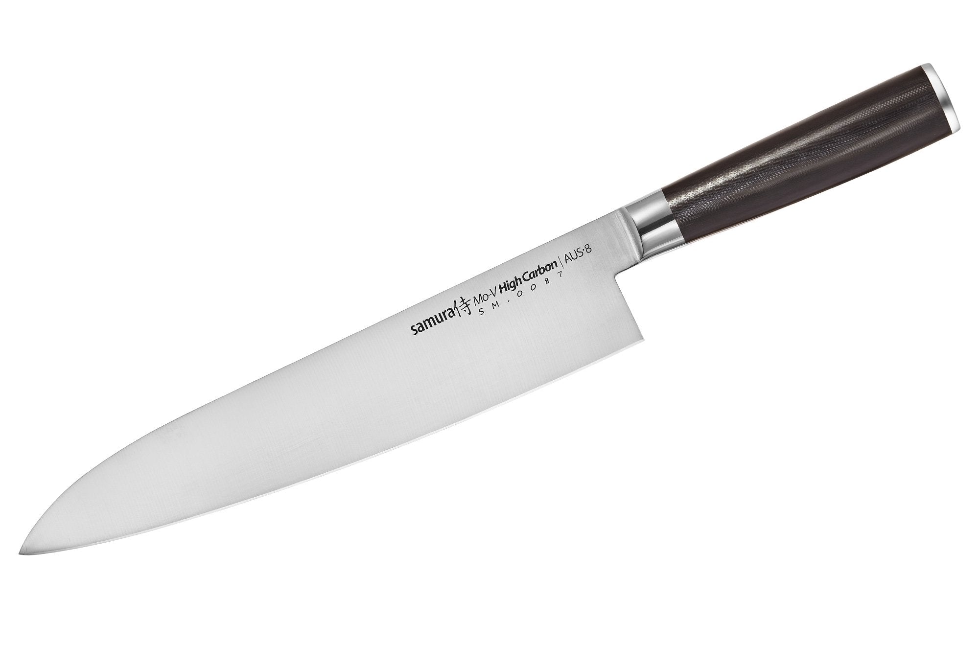 Samura MO-V Grand Chef's knife 9.4 Nóż szefa kuchni Samura Mo-V Grand to duże i wszechstronne narzędzie kuchenne przeznaczone do profesjonalnego przygotowywania potraw. Jego wydłużona długość ostrza umożliwia wydajną obsługę dużych składników i obsługuje szeroki zakres technik cięcia.