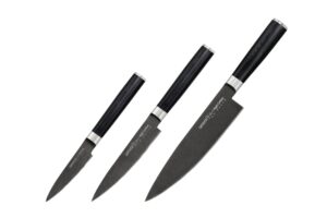 Samura MO-V Stonewash Set of 3 kitchen knives in a gift box: Stonewash Paring knife, Stonewash Utility knife, Stonewash Chef's knife