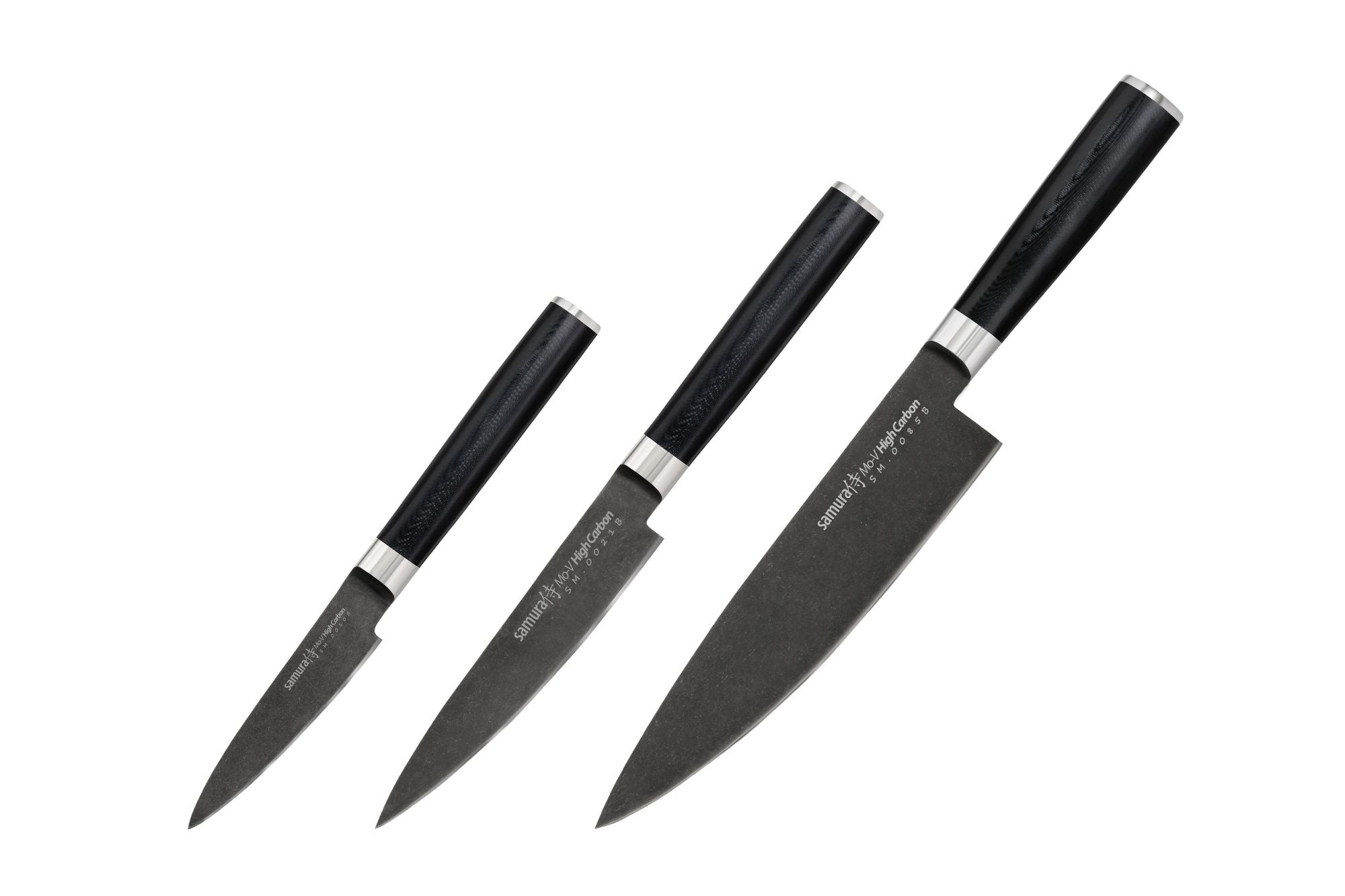 Samura MO-V Stonewash Set of 3 kitchen knives in a gift box: Stonewash Paring knife, Stonewash Utility knife, Stonewash Chef's knife 1 Samura Mo-V Stonewash Chef’s Trio to praktyczny i ekonomiczny zestaw noży