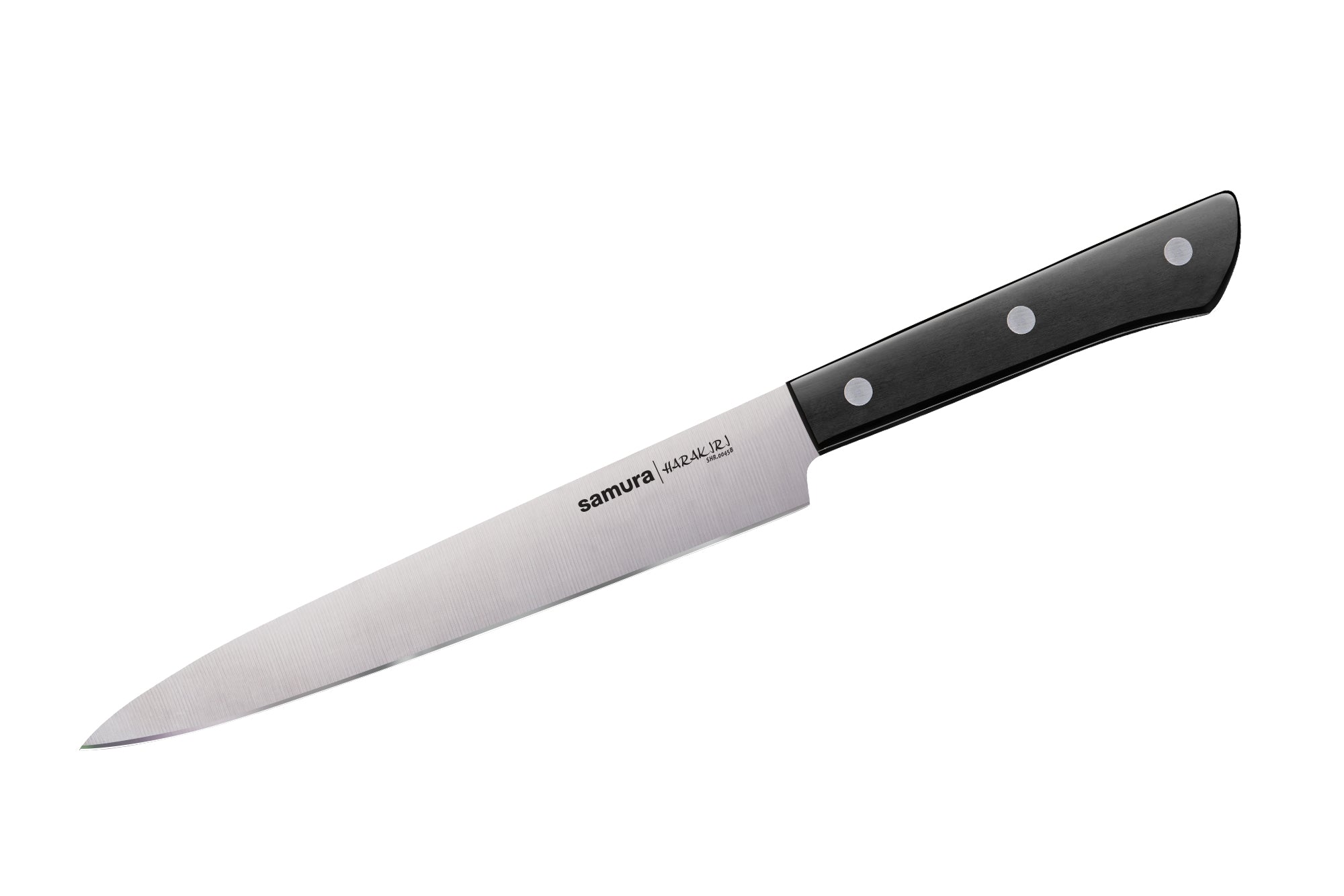 Samura HARAKIRI SUPER Set of 5 kitchen knives, black: Chef's knife, Two-sided saw knife, Slicing knife, Utility knife, Paring knife, magnetic holder, honing rod, kitchen scissors 4 zapewniający wszystko