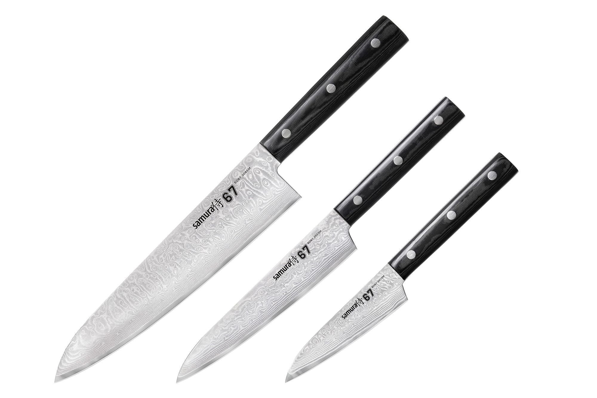 Samura DAMASCUS 67 Set of 3 kitchen knives: Paring knife, Utility knife, Chef's knife 67 layers 1 Zestaw Trio Samura 67 Damascus Chef’s to kolekcja premium trzech niezbędnych noży kuchennych