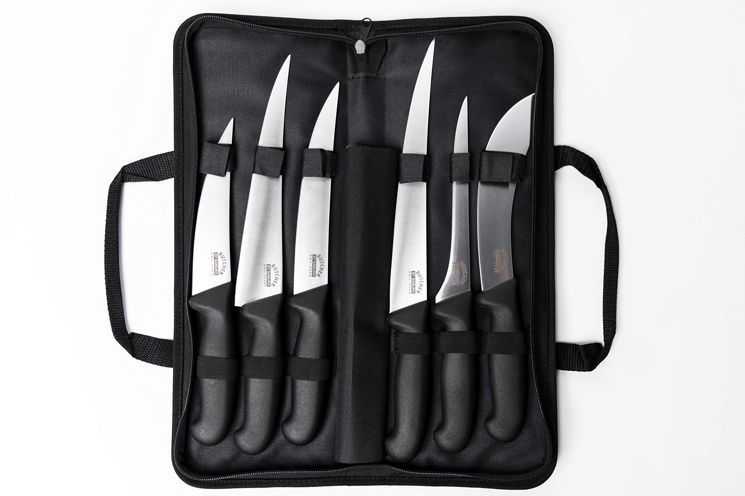 Samura BUTCHER Set of 6 kitchen knives (fillet knife fisherman, long slicer knife, boning knife, small butcher knife, butcher knife, skinning knife) bag included 1 Zestaw noży rzeźniczych Samura to praktyczny zbiór sześciu niezbędnych noży kuchennych zaprojektowanych z myślą o wykonywaniu najczęstszych zadań związanych z przygotowywaniem żywności. Zestaw ten
