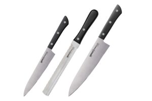 Samura HARAKIRI Set of 3 kitchen knives, black handle: Utility knife, Two-sided saw knife, Chef's knife