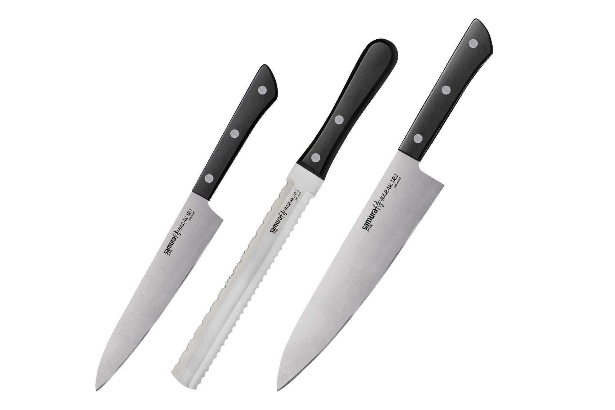 Samura HARAKIRI Set of 3 kitchen knives, black handle: Utility knife, Two-sided saw knife, Chef's knife 1 Zestaw noży Samura Harakiri to praktyczna i wszechstronna