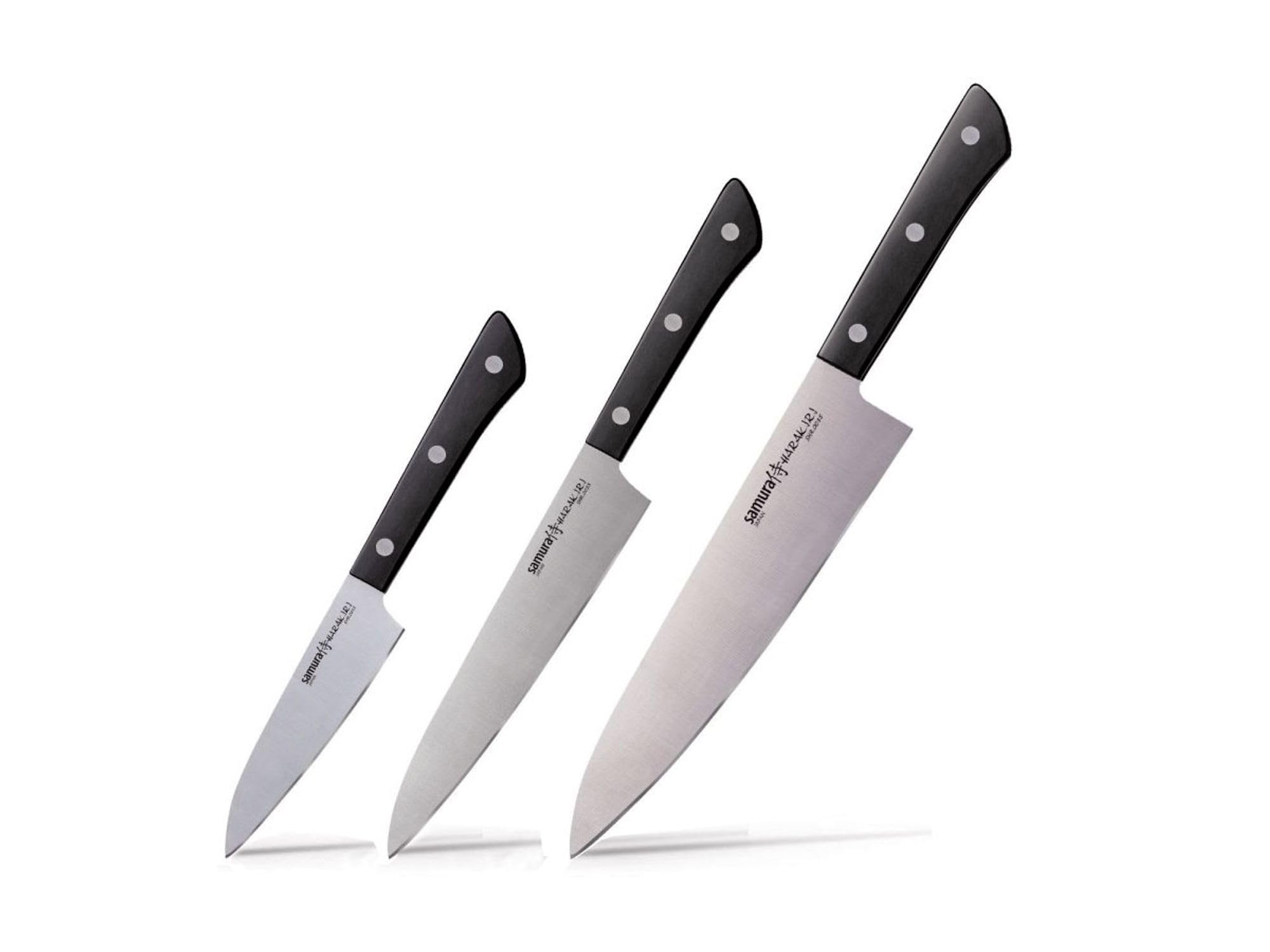 Samura HARAKIRI Set of 3 kitchen knives, black handle: Paring knife, Utility knife, Chef knife 1 Zestaw noży Samura Harakiri to wszechstronna