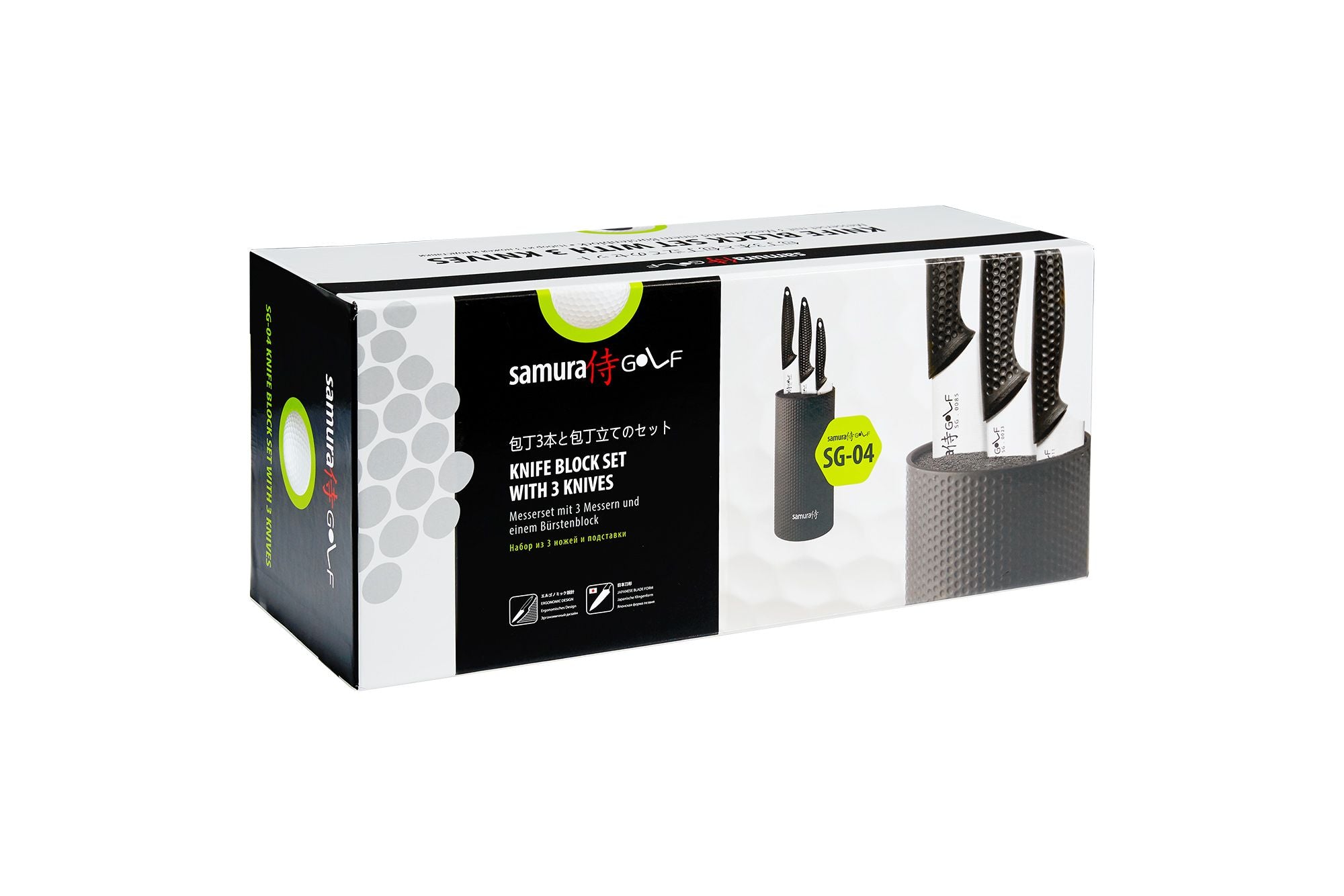 Samura GOLF Knife block set with 3 kitchen knives: Paring knife, Utility knife, Chef's knife and holder 225mm 2 które obejmuje trzy niezbędne noże i wygodną podstawkę