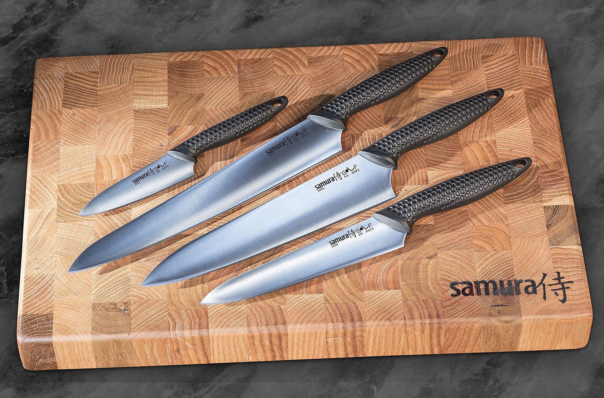 Samura GOLF Set of 4 kitchen knives: Paring knife, Utility knife, Slicing knife, Chef's knife. 3 dzięki czemu stanowi kompletne rozwiązanie do codziennego gotowania.
