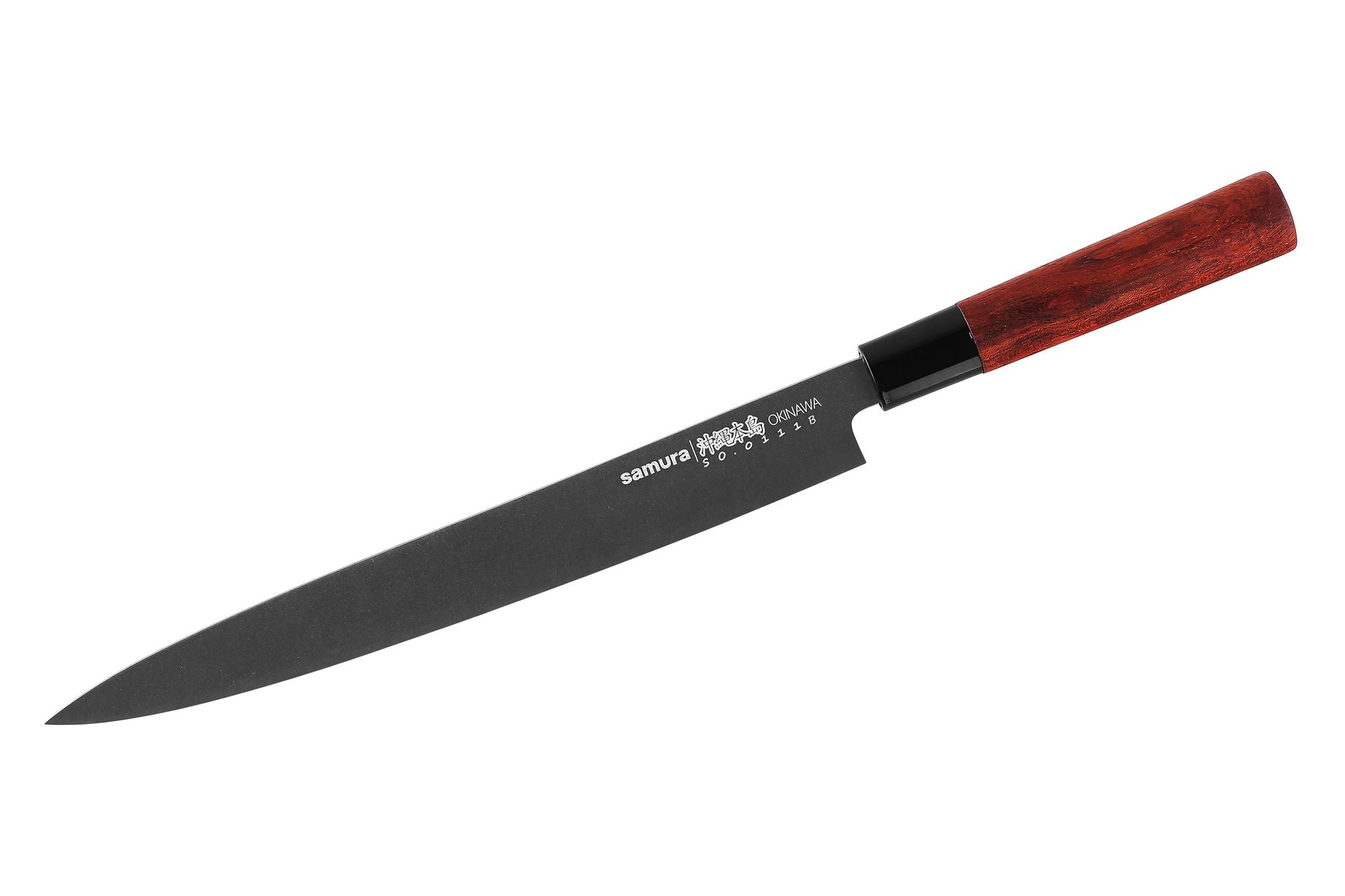 Samura OKINAWA Stonewash Yanagiba 10.6 Nóż Samura Okinawa Stonewash Yanagiba to tradycyjny japoński nóż do krojenia przeznaczony do precyzyjnej pracy z filetami rybnymi. Szczególnie nadaje się do przygotowywania sushi i sashimi.