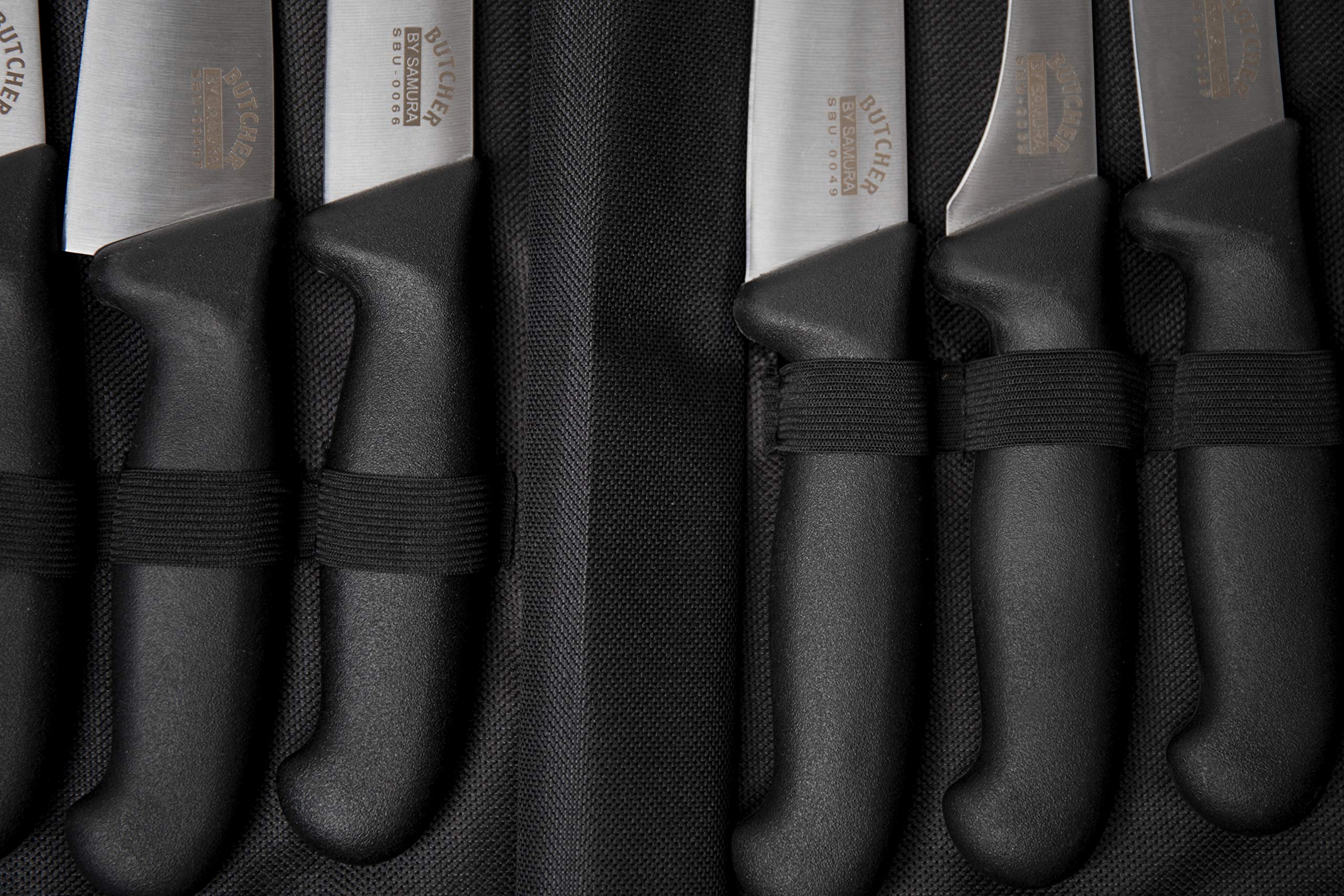 Samura BUTCHER Set of 6 kitchen knives (fillet knife fisherman, long slicer knife, boning knife, small butcher knife, butcher knife, skinning knife) bag included 2 będący częścią serii Butcher („Mięso”)