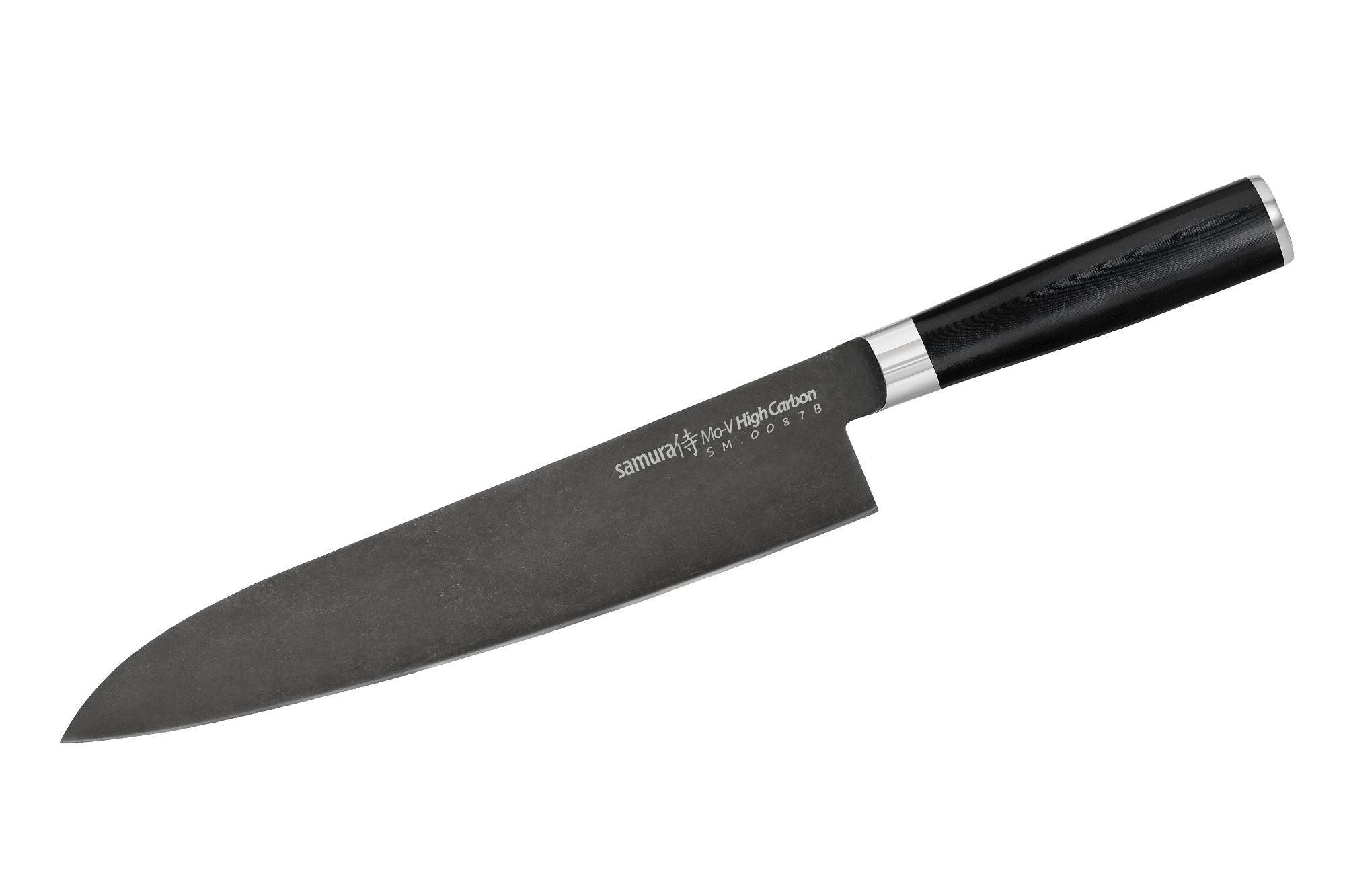 Samura MO-V Stonewash Grand Chef's knife 9.4 Nóż szefa kuchni Samura Mo-V Stonewash Grand to profesjonalne narzędzie kuchenne przeznaczone do szerokiego zakresu zadań związanych z krojeniem. Dzięki ostrzu o średnicy 240 mm jest niezbędnym nożem dla szefów kuchni