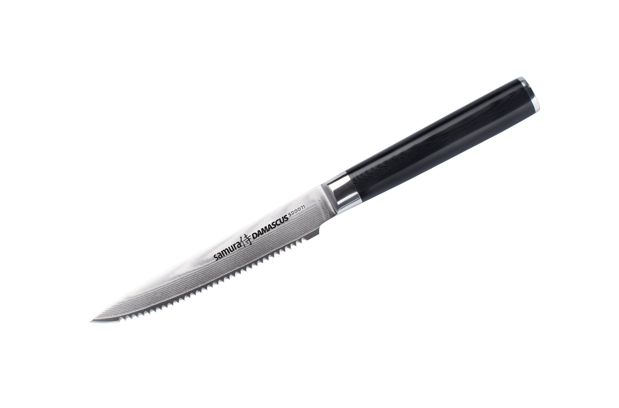 Samura DAMASCUS Tomato knife 4.7 Nóż do pomidorów Samura Damascus przeznaczony jest do precyzyjnego i delikatnego krojenia miękkich produktów o twardej zewnętrznej skórce. Ząbkowana krawędź umożliwia czyste cięcie bez kruszenia wewnętrznej tekstury.