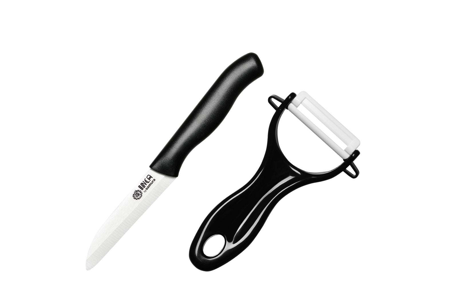 Samura INCA set of 2 kitchen knives (Fruit knife, Peeler) BLACK 1 Zestaw Samura Inca zawiera kompaktowy nóż do obierania oraz wielofunkcyjną obieraczkę