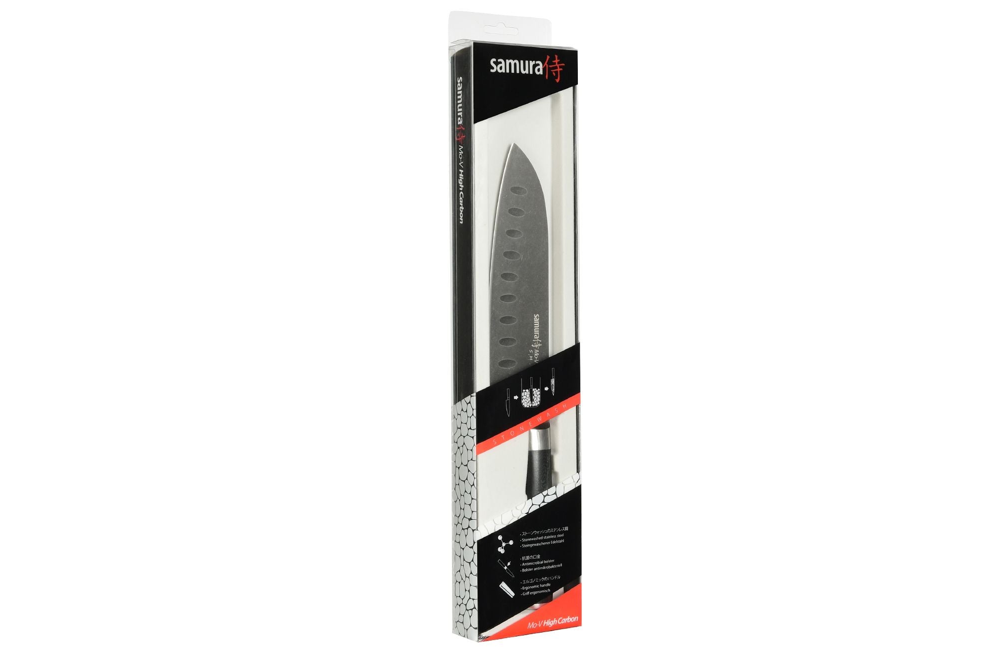 Samura MO-V Stonewash Santoku knife hollow ground 7.0 mięsem i ziołami.