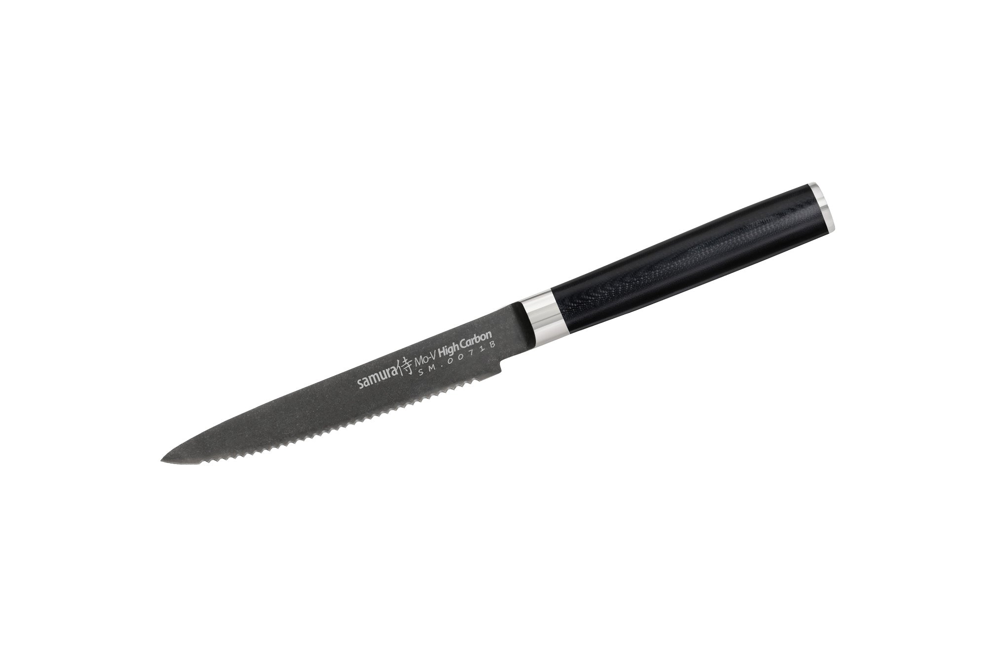 Samura MO-V Stonewash Tomato knife 4.7 Nóż do pomidorów Samura Mo-V Stonewash przeznaczony jest do precyzyjnego i czystego krojenia miękkich produktów o twardej zewnętrznej skórce. Ząbkowana krawędź umożliwia łatwe cięcie bez miażdżenia delikatnego wnętrza.