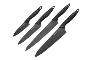 Samura GOLF Stonewash Set of 4 kitchen knives: Paring knife, Utility knife, Slicing knife, Chef's knife.