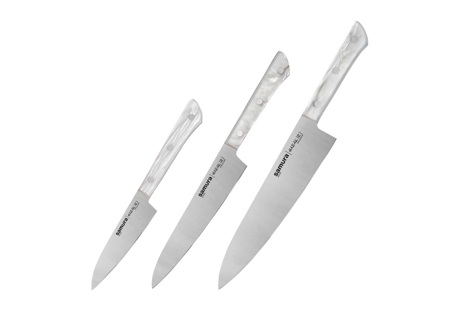 Samura HARAKIRI Acryl Set of 3 kitchen knives: Paring knife, Utility knife, Chef's knife 1 Zestaw szefa kuchni Samura Harakiri to wszechstronna kombinacja trzech noży zaprojektowana z myślą o wszystkich niezbędnych zadaniach w kuchni. Zestaw zawiera nóż do obierania
