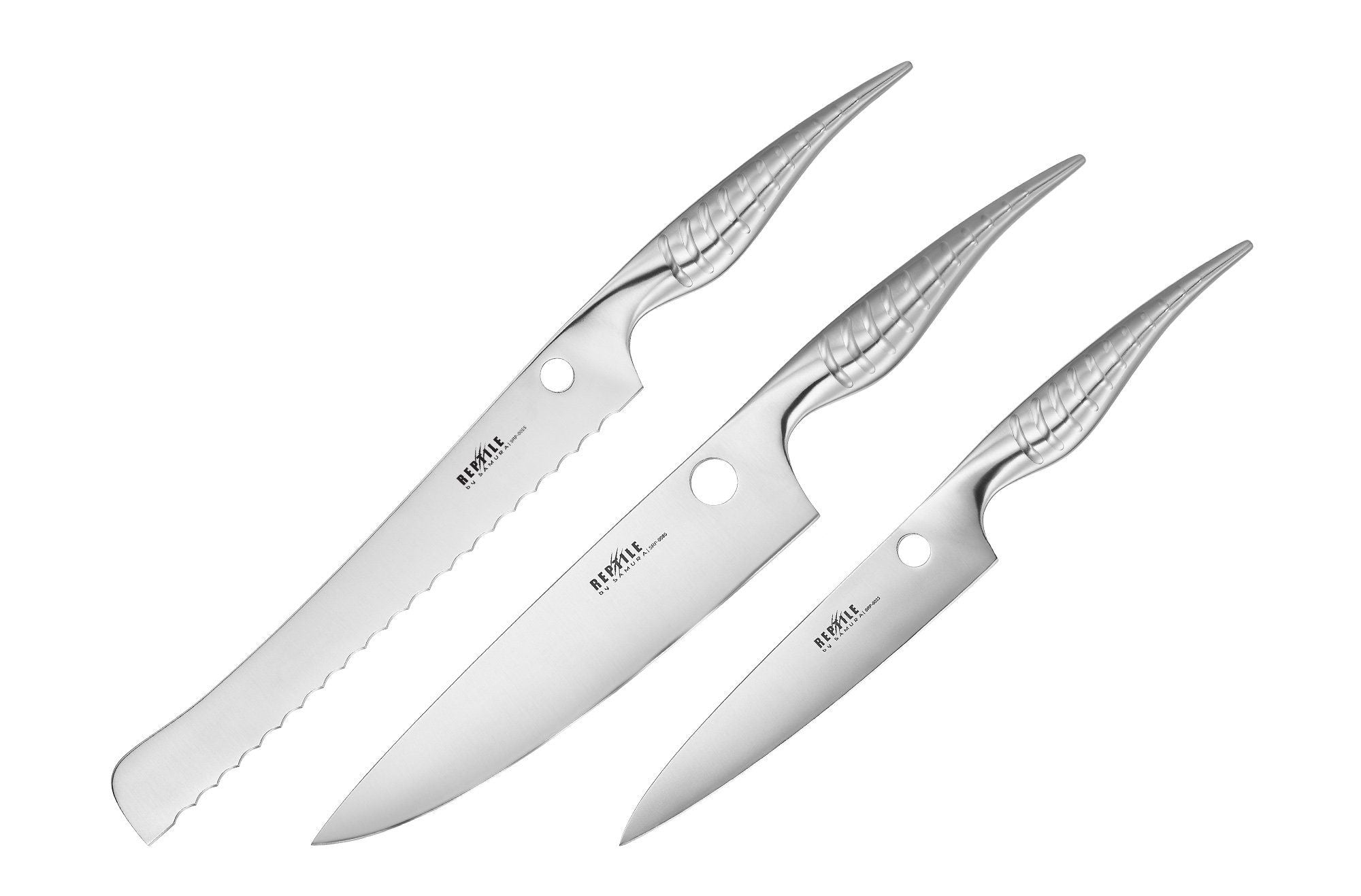 Samura REPTILE Set of 3 kitchen knives: Utility knife, Bread knife, Chef's knife 1 Zestaw noży gadów Samura to nowoczesna i funkcjonalna kolekcja przeznaczona zarówno dla domowych kucharzy