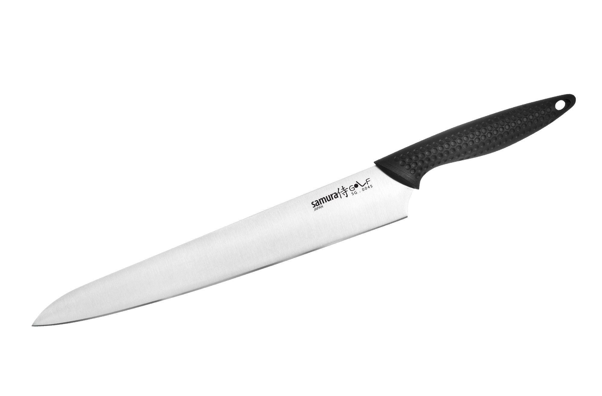 Samura GOLF Slicing knife 9.9 Nóż golfowy Samura to długie i precyzyjne narzędzie kuchenne zaprojektowane z myślą o gładkim i dokładnym krojeniu. Dzięki ostrzu o długości 251 mm idealnie nadaje się do tworzenia czystych