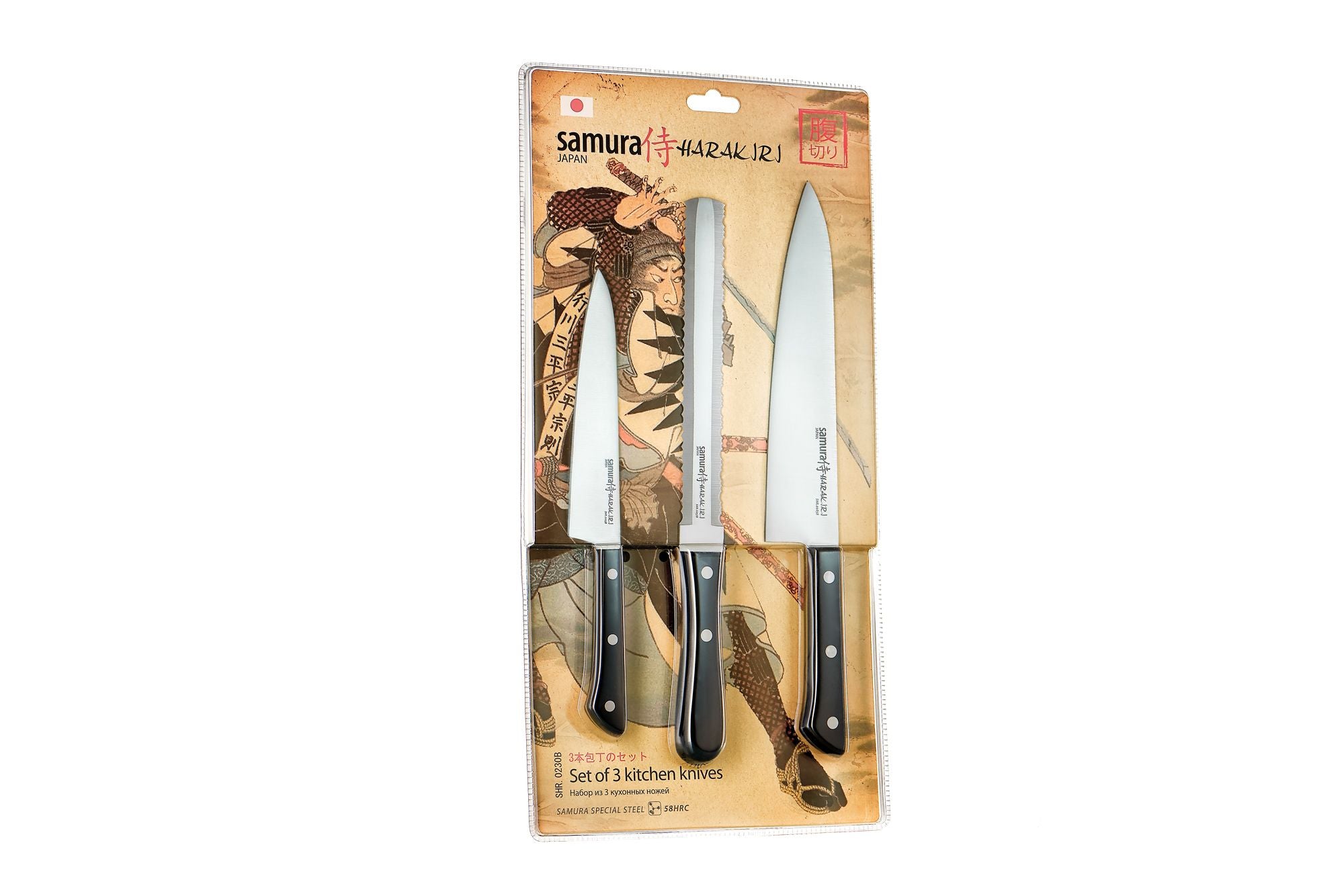 Samura HARAKIRI Set of 3 kitchen knives, black handle: Utility knife, Two-sided saw knife, Chef's knife 2 trzyczęściowa kolekcja zaprojektowana z myślą o szerokiej gamie zadań kuchennych. Zestaw ten zawiera nóż uniwersalny
