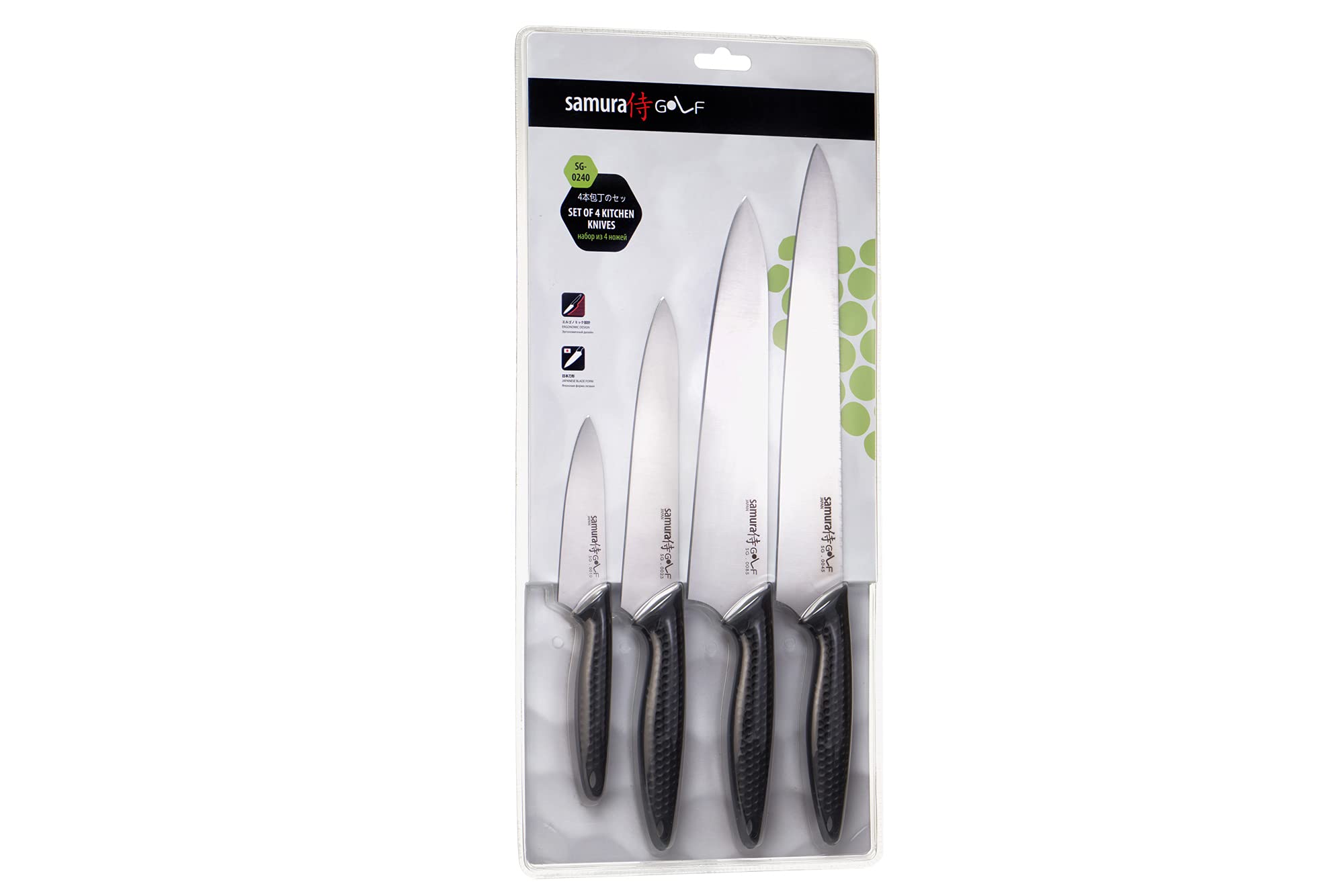 Samura GOLF Set of 4 kitchen knives: Paring knife, Utility knife, Slicing knife, Chef's knife. 2 czteroczęściowa kolekcja zaprojektowana z myślą o wszystkich niezbędnych zadaniach w kuchni. Zestaw ten zawiera najczęściej używane noże