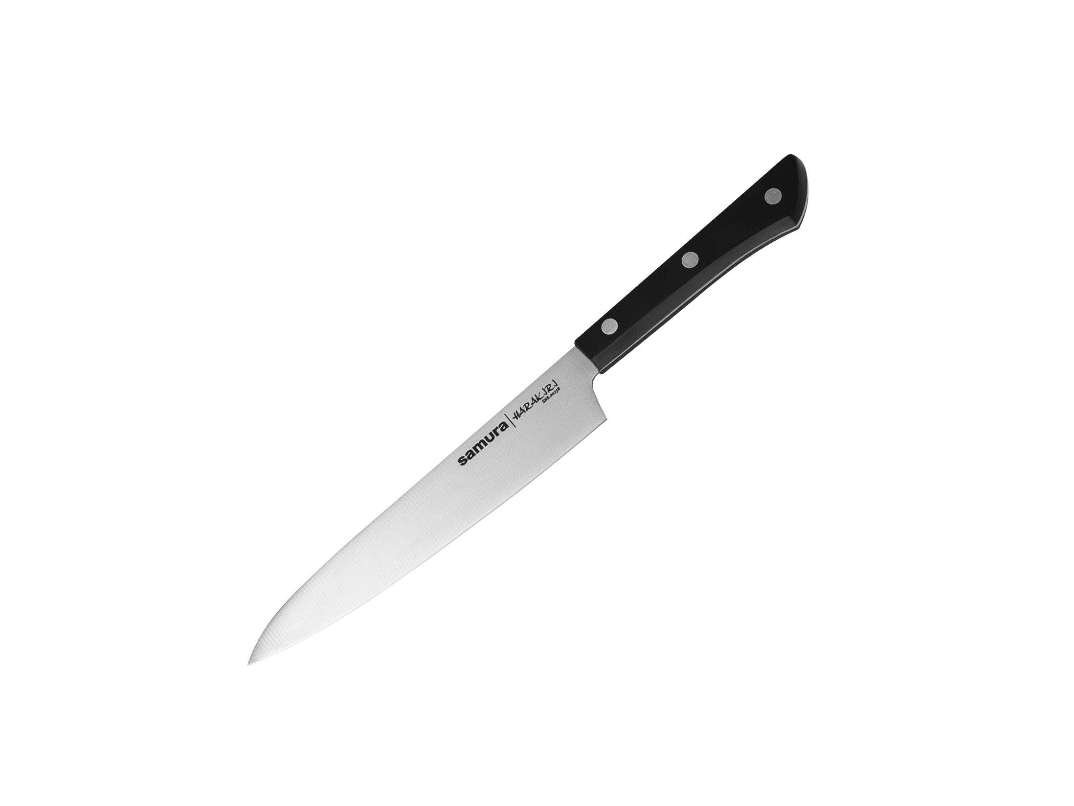 Samura HARAKIRI Set of 3 kitchen knives, black handle: Utility knife, Two-sided saw knife, Chef's knife 3 nóż szefa kuchni oraz dwustronny nóż ząbkowany do mrożonek i wypieków.