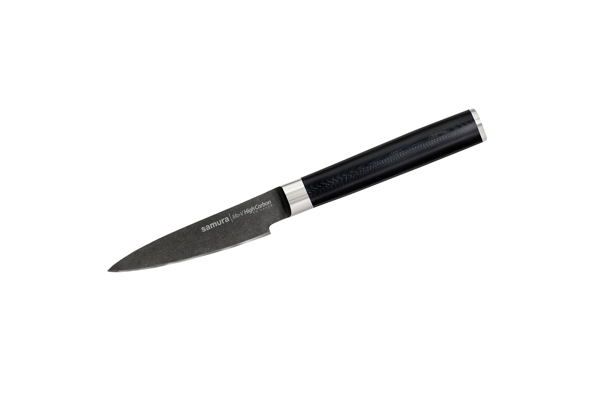 Samura MO-V Stonewash Set of 3 kitchen knives: Stonewash Paring knife, Stonewash Utility knife, Stonewash Chef's knife 2 co stanowi praktyczne i ekonomiczne rozwiązanie w porównaniu z zakupem każdego noża osobno. Zestaw ten zaspokaja podstawowe potrzeby zarówno domowych kucharzy