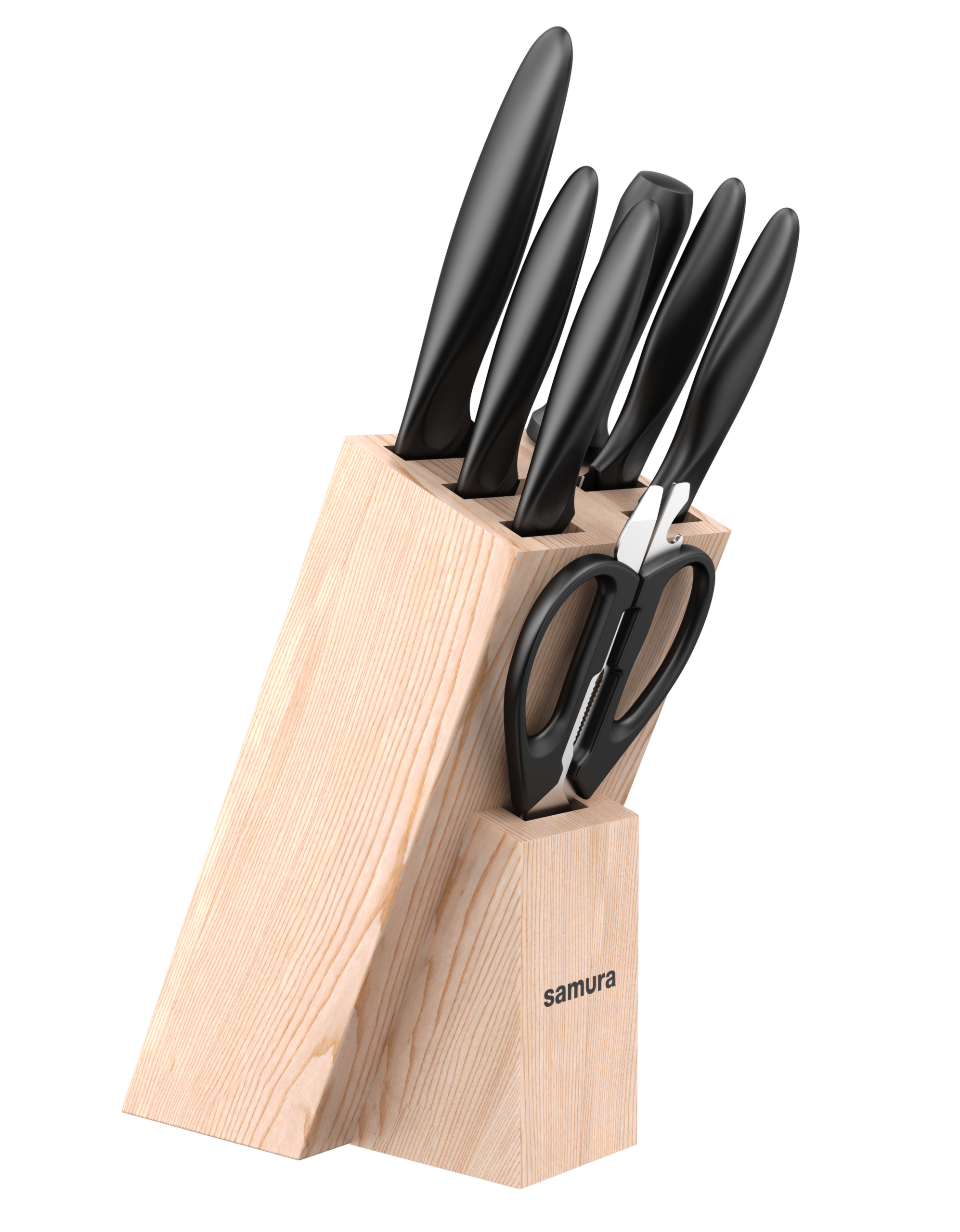 Samura MOJO Knife Block Set 8Pcs Black: Paring, Utility, Fillet, Bread, Chef's knives 1 Zestaw noży Samura Mojo to kompletne rozwiązanie kuchenne zaprojektowane z myślą o szerokim zakresie zadań związanych z gotowaniem. Zawiera niezbędne narzędzia do krojenia