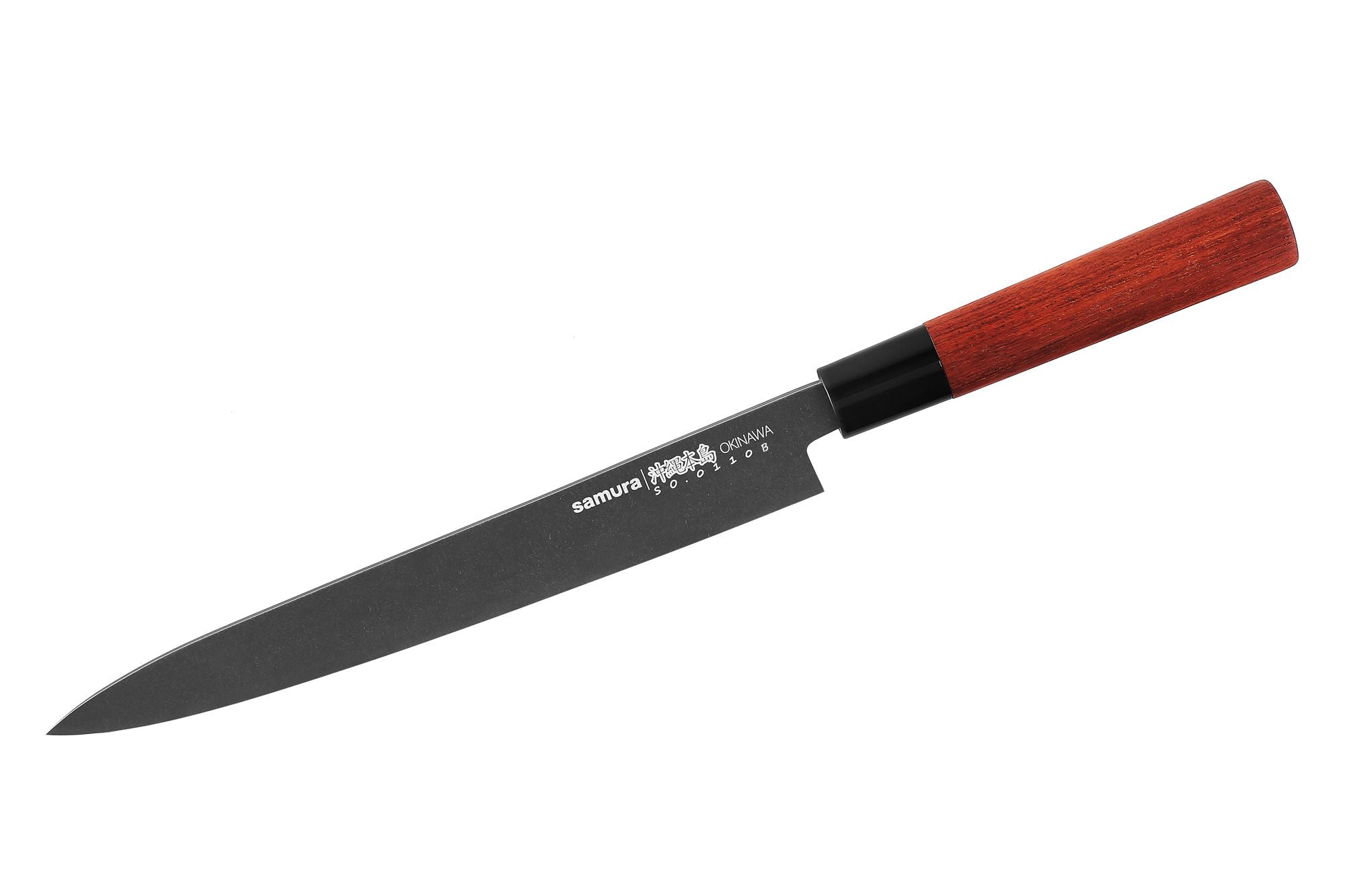 Samura OKINAWA Stonewash Yanagiba knife 9.4 Nóż Samura Okinawa Stonewash Yanagiba to tradycyjny japoński nóż do krojenia przeznaczony do precyzyjnej pracy z rybami i delikatnymi składnikami. Jest szeroko stosowany do przygotowywania sushi i sashimi.