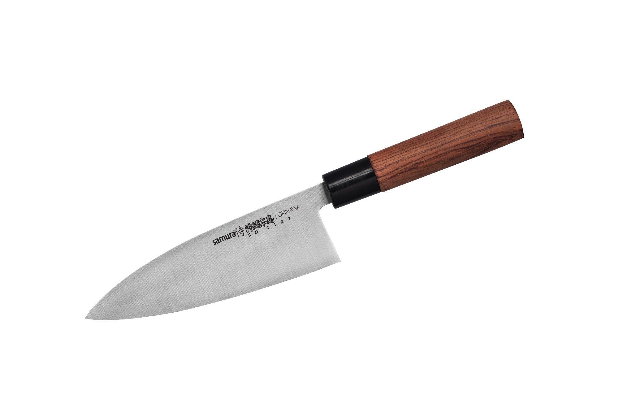 Samura OKINAWA Deba knife 6.7 Nóż Samura Okinawa Deba to tradycyjne japońskie narzędzie kuchenne przeznaczone do ciężkich zadań i precyzyjnego cięcia. Dzięki ostrzu o średnicy 170 mm idealnie nadaje się do obróbki ryb i wykonywania bardziej wymagających prac kuchennych.