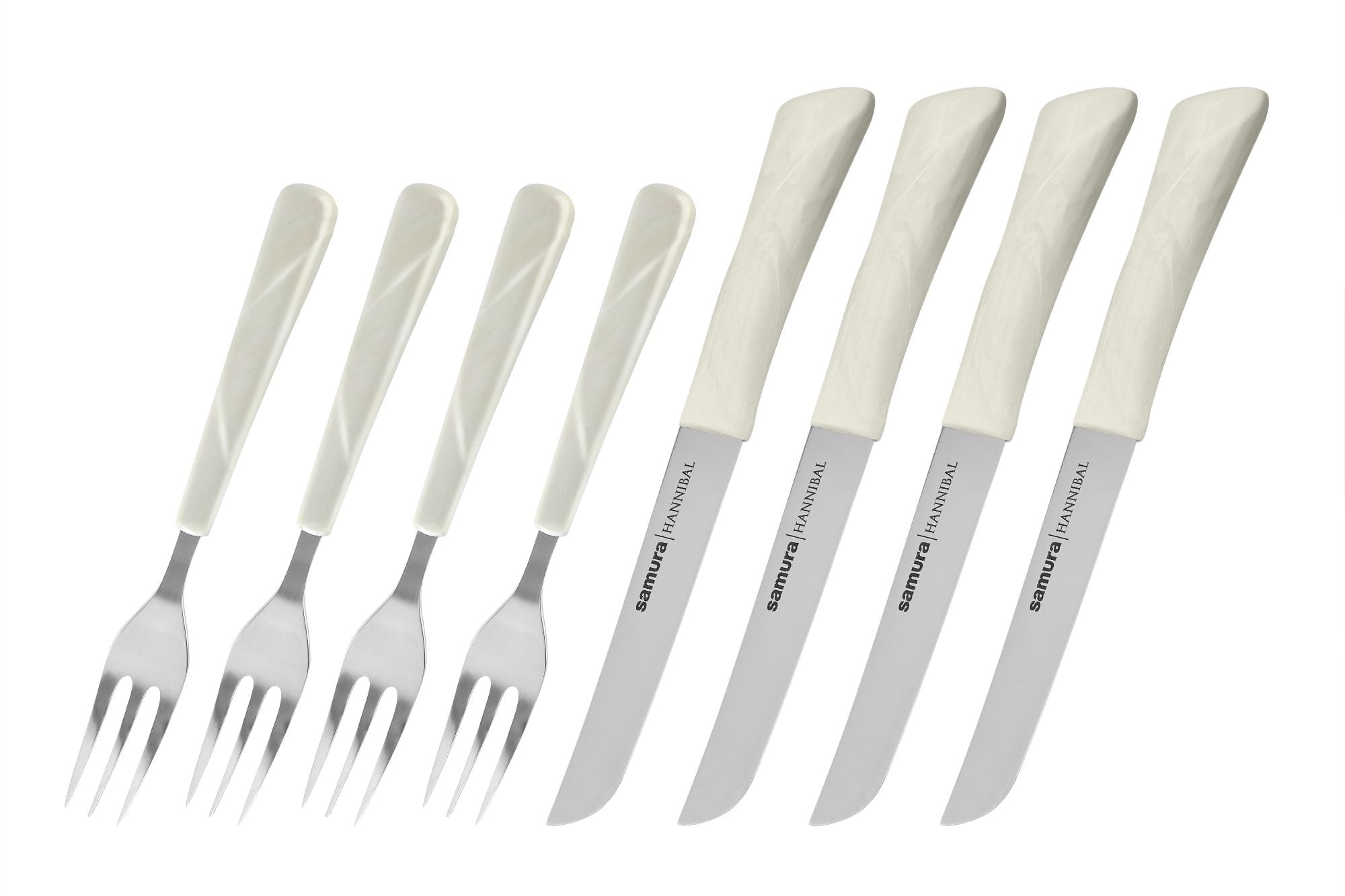 Samura HANNIBAL Steak knife and fork Set for 4 persons, white handle. 1 Nóż do steków Samura Hannibal został zaprojektowany z myślą o łatwym krojeniu gotowanego mięsa