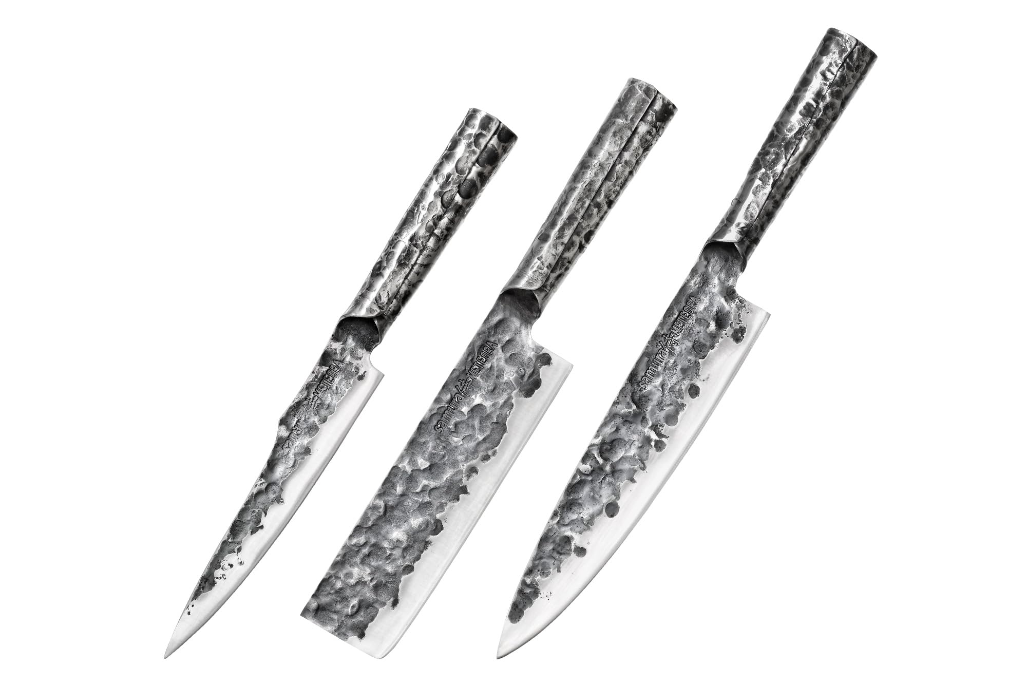 Samura METEORA Set of 3 kitchen knives: Utility knife, Nakiri knife and Chef's knife 1 Trzyczęściowy zestaw noży Samura Meteora to kolekcja premium zaprojektowana