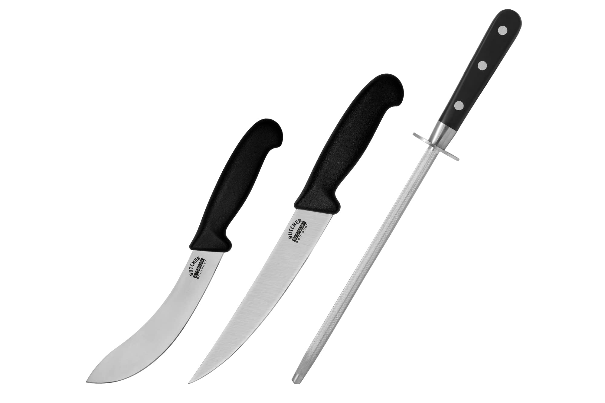 Samura BUTCHER Set of 2 kitchen knives: Skinning knife, Butcher knife and Honing Rod(bag included) 1 Zestaw noży rzeźniczych Samura to praktyczny zestaw kuchenny